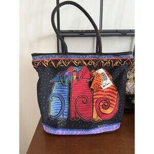 Laurel Burch Large Double Handle Tote Bag Multicolor Dogs 15x14x5.5 EUC